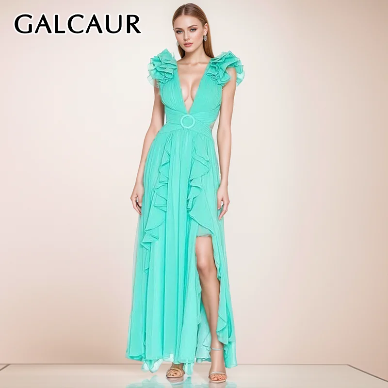 

GALCAUR Backless Hit Color Dresses For Women V Neck Sleeveless High Waist spliced lace up Printing A Line Dress Female Fashion