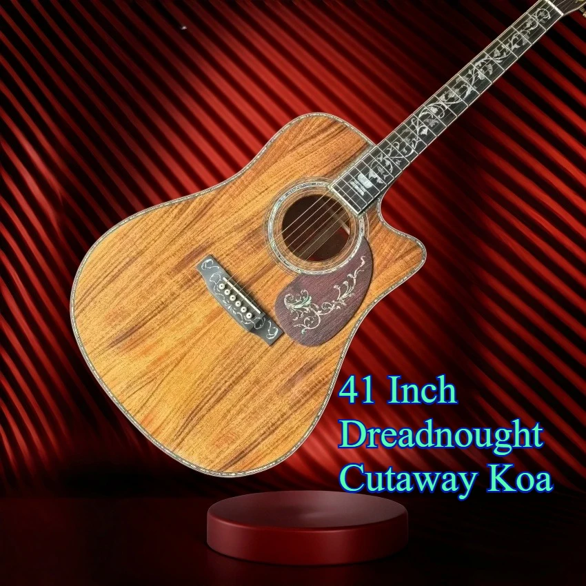 D45 Dreadnought Cutaway Koa Acoustic Folk Guitar Tree‑of‑Life Inlay Gloss Wood Grain Acoustic Guitar Advanced Adult Players