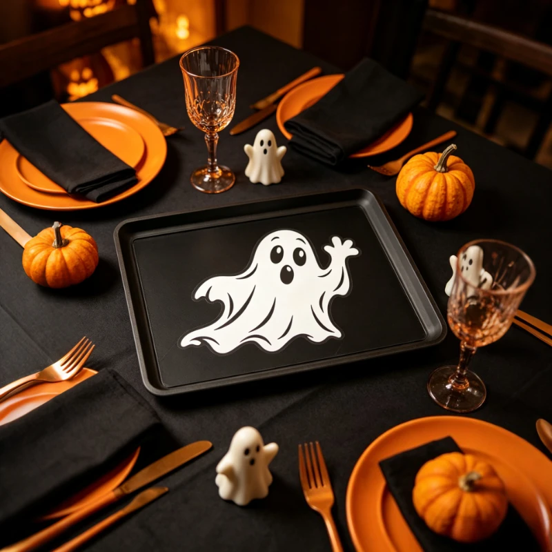 Halloween Decorative Tray, 3 Interchangeable Insert Designs,Ghost Pumpkin Black Cat Key Candy Storage Tray,Halloween Home Decor