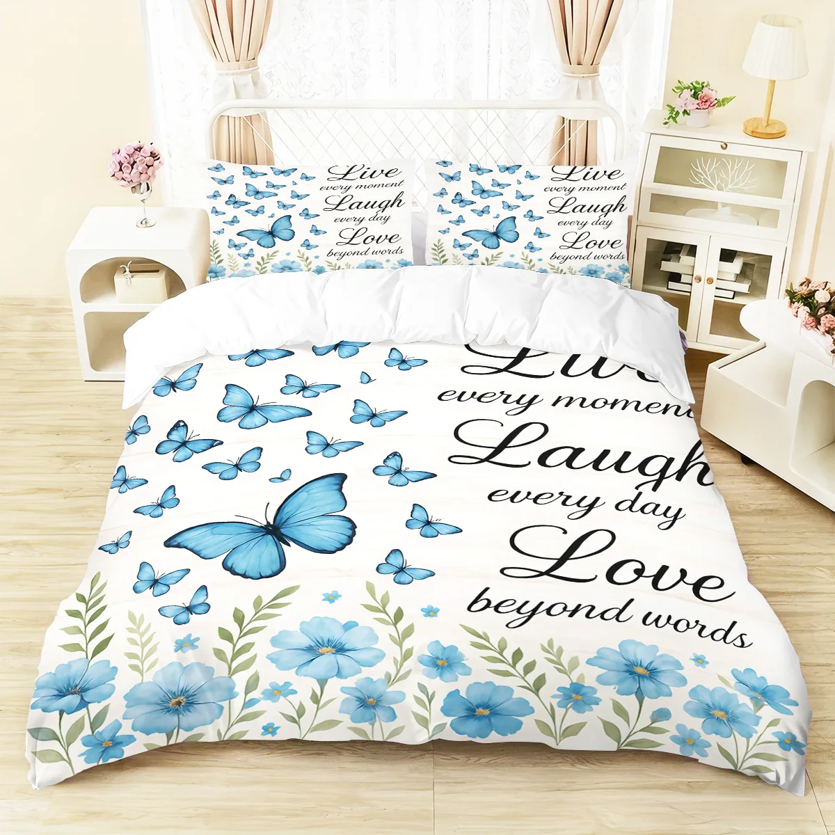 3pcs Blue Butterfly Printed Down Duvet Covers, 1 Down Duvet Cover+2 Pillowcases, No Core. Soft and Comfortable Bedding Set
