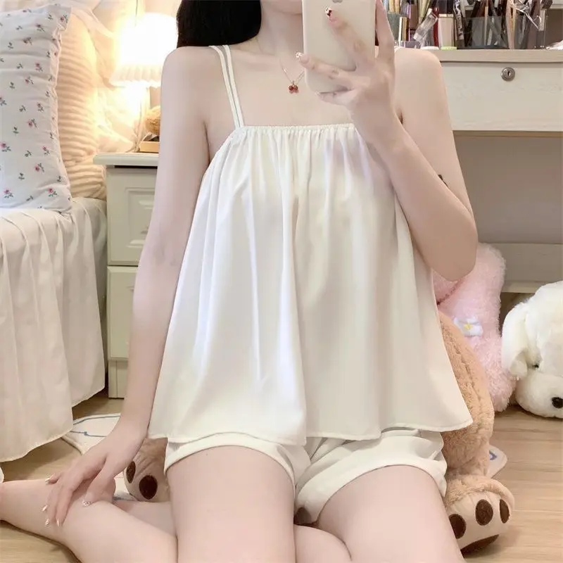 

Sleepwear Women Pajama Sets Solid Shorts Sets 2 Pieces Korean Piiama Spagheti Strap Night Wears Slash Neck Summer Home Suit New