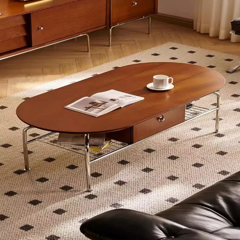 

Medieval coffee table, retro small apartment living room household small table solid wood, stainless steel oval tea table