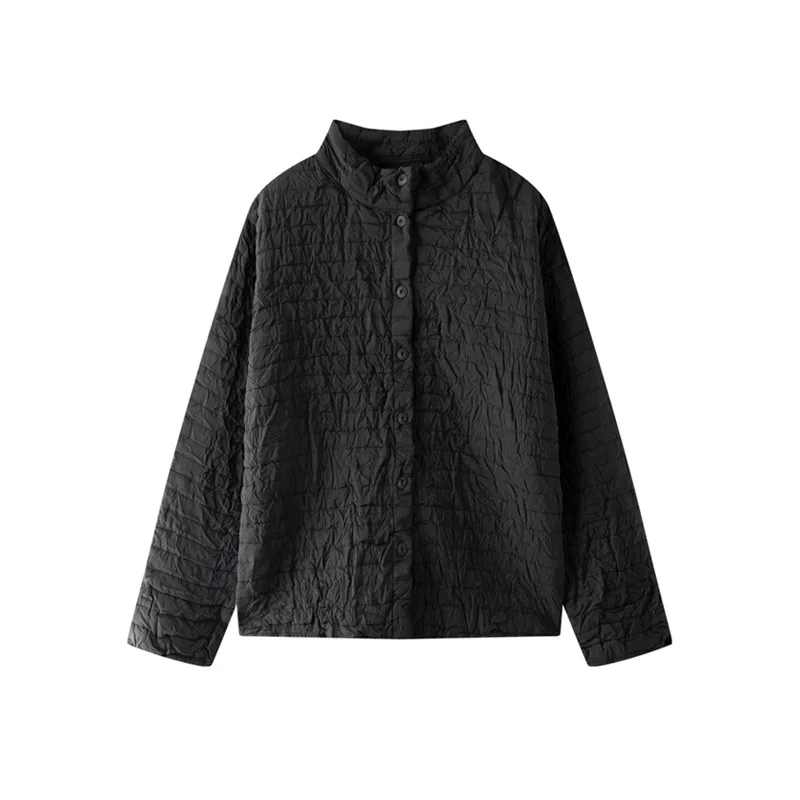 Kurtka bawełniana Miyake Design - jednolity kolor, prosty kołnierz stójka, zapinana na jeden guzik, luźna i uniwersalna, ciepła damska bluzka na zimę.