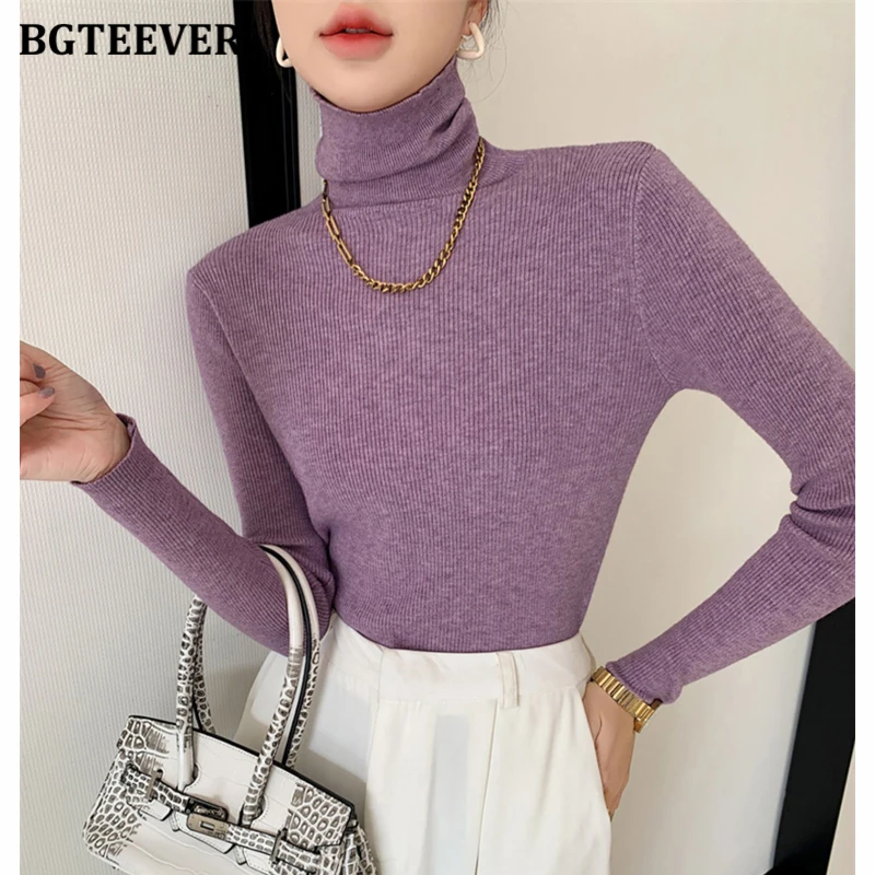 BGTEEVER Basic Turtleneck Sweaters for Women Long Sleeve Skinny Ladies Knitted Jumpers Autumn Winter Women Warm Pullovers