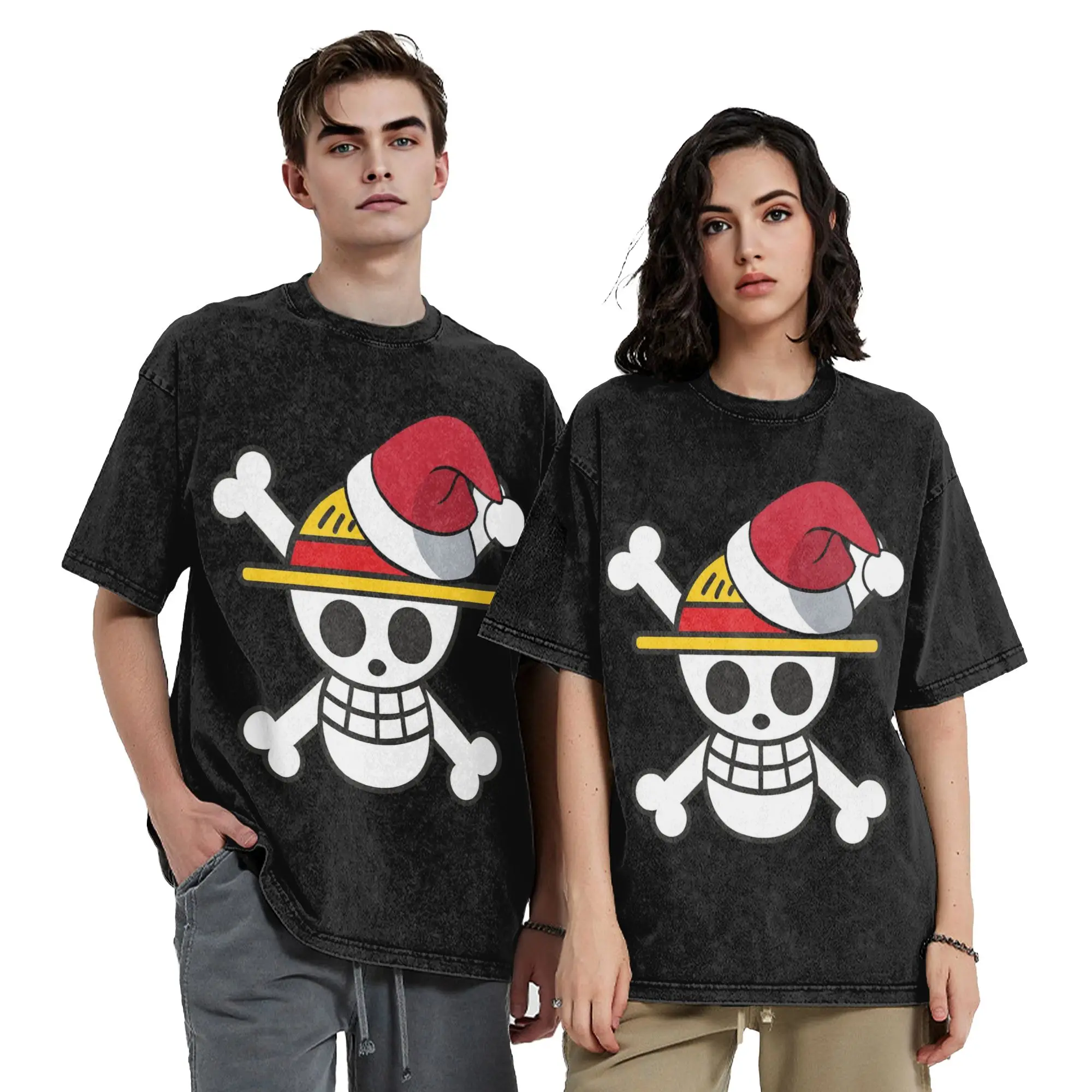 Anime Ones Pieces Christmas Washed T Shirt Streetwear Cool T-Shirt  Tees Men Women Short Sleeve Oversize Summer