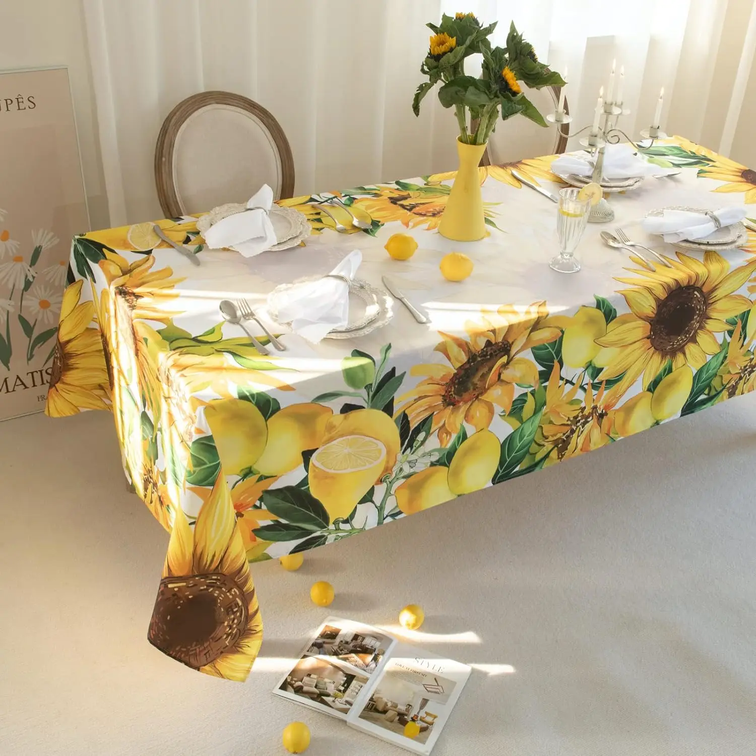 Mantel de estilo acuarela de limón y girasol, mantel de girasoles, cubierta de mesa Floral, decoración de mesa de comedor con flores para primavera y verano