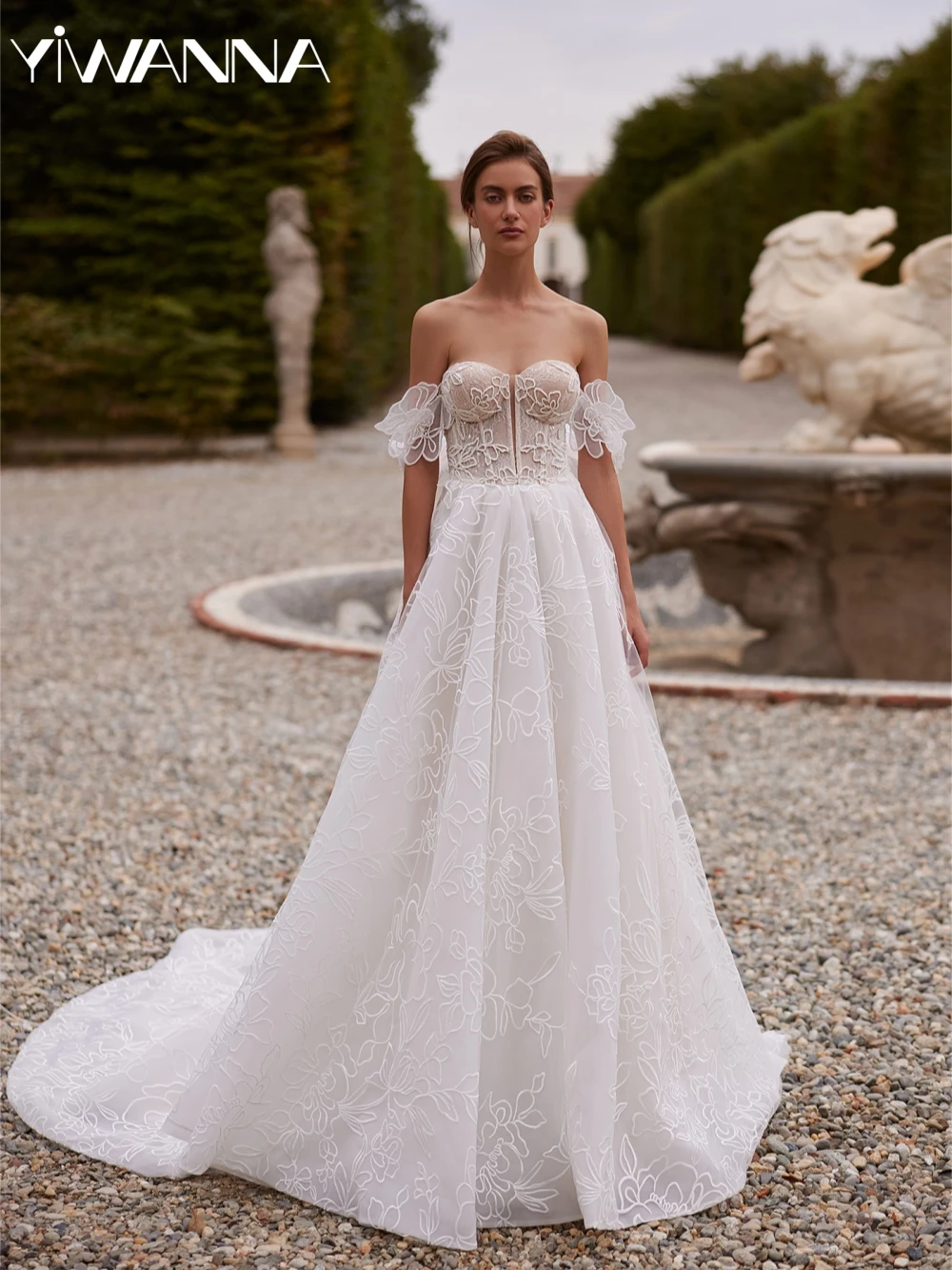 

Мечтательные кружевные аппликации, длинное свадебное платье трапециевидной формы из тюля с блестящим жемчугом, свадебное платье с открытыми плечами, новые платья по индивидуальному заказу для невесты