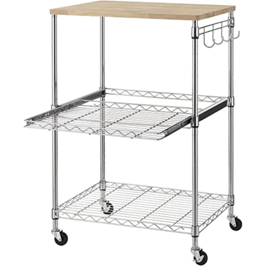 

3-Tier Rolling Kitchen Cart Microwave Cart with Oak Wood Tabletop and Drawer Slider Coffee Cart and Food Service Cart with Hook
