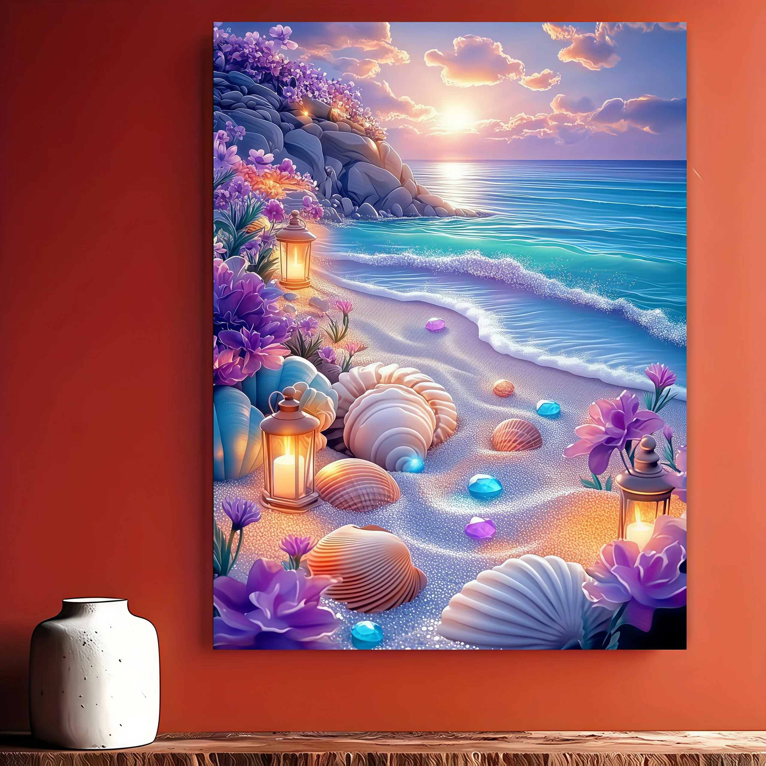 Framed Colorful Oil Painting of Seaside Scenery