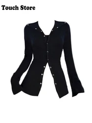 Spring Women Slim Korean Fashion Knit Cardigan Top Dark Academia T-Shirts 2000s Aesthetic Long Sleeve V-Tee Cyber Punk Y2k Gyaru