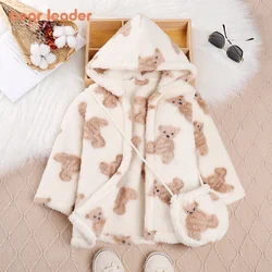 Winter Bear Print Girls Clothes Faux Fur Fleece Coat with Bag Suit Warm Jacket Xmas Snowsuit Girl Hooded Jacket Winter Outerwear