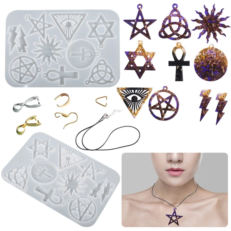 R3MC Pentagram Sun Flower Geometry Necklace Mold Epoxy Keychain Mold Resin Casting Pendant Mold Suitable for Diy Crafts