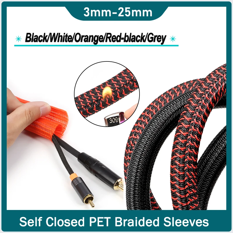 1-50m Self-Closed PET Braided Cable Sleeve 3mm ~ 25mm High Protection Wear Resistant Insulated Wire Organizer Sleeving Sheath