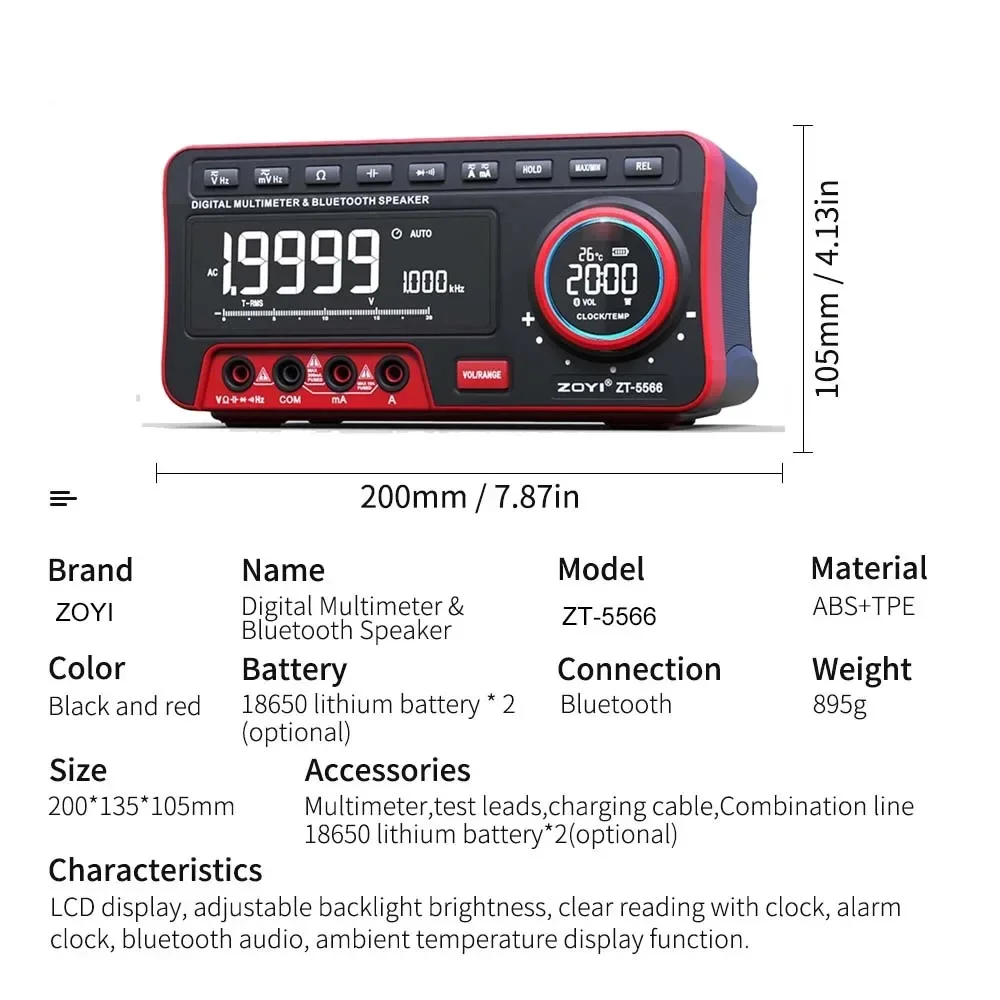 ZOYI ZT-5566 Professional Digital Bench Multimeter 19999 Counts Transistor Tester Auto-Ranging Voltmeter Multifunctional Calibra