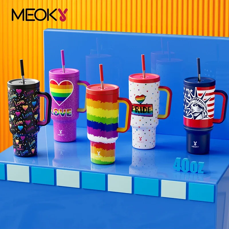 

Meoky 40oz Tumbler Handle Straw Stainless Steel Bottle Insulated Thermos Water Bottle Multicolor Print Vacuum Coffee Cup Car Mug