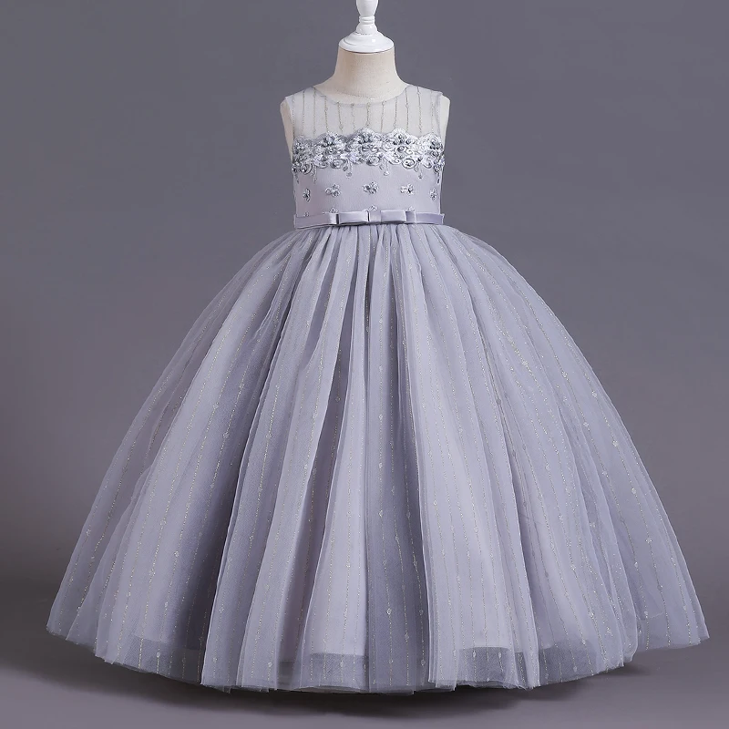 

Girl's dress Skirt Long Sleeveless Princess skirt Grey dinner dress Sweet evening dress net gauze pommel skirt C321