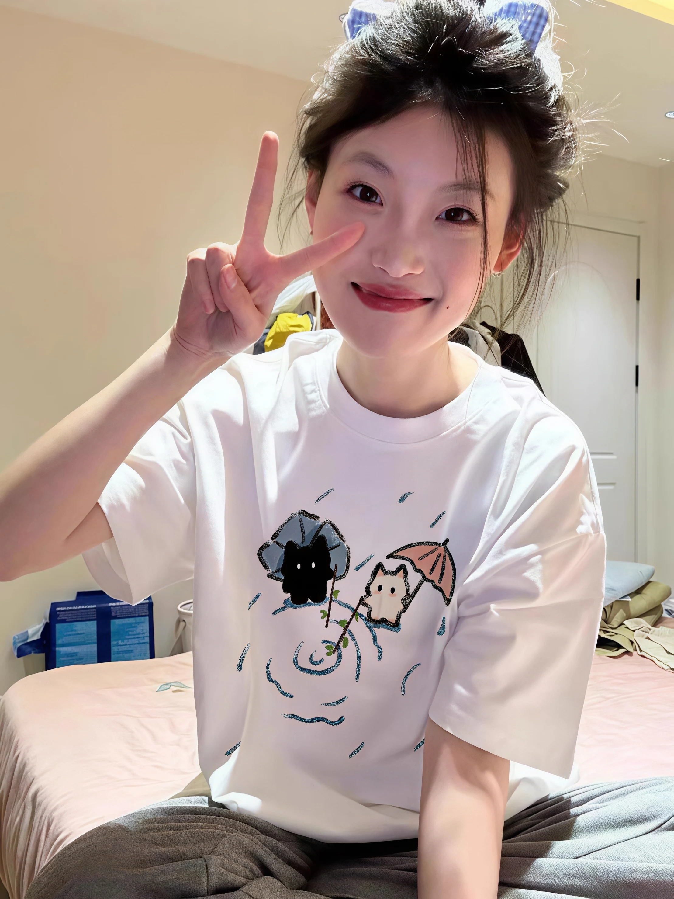 Women Kawaii Cartoon Cat Umbrella Print T‑Shirt Round Neck Short Sleeve Oversized Loose Casual Streetwear Tee Top view 3