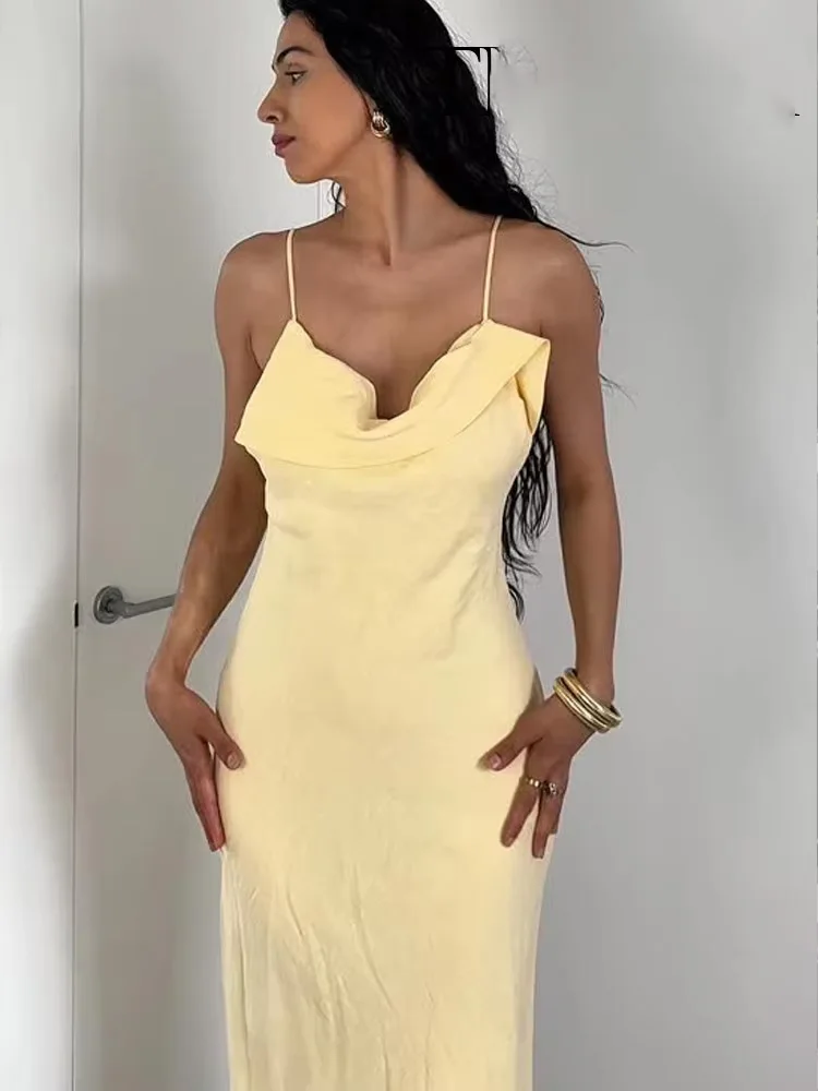 HH 2025 الصيف المرأة مثير بلا أكمام فستان بدون ظهر موضة امرأة الظهر الفرقة غير المتكافئة الديكور سليم فستان بكتافة