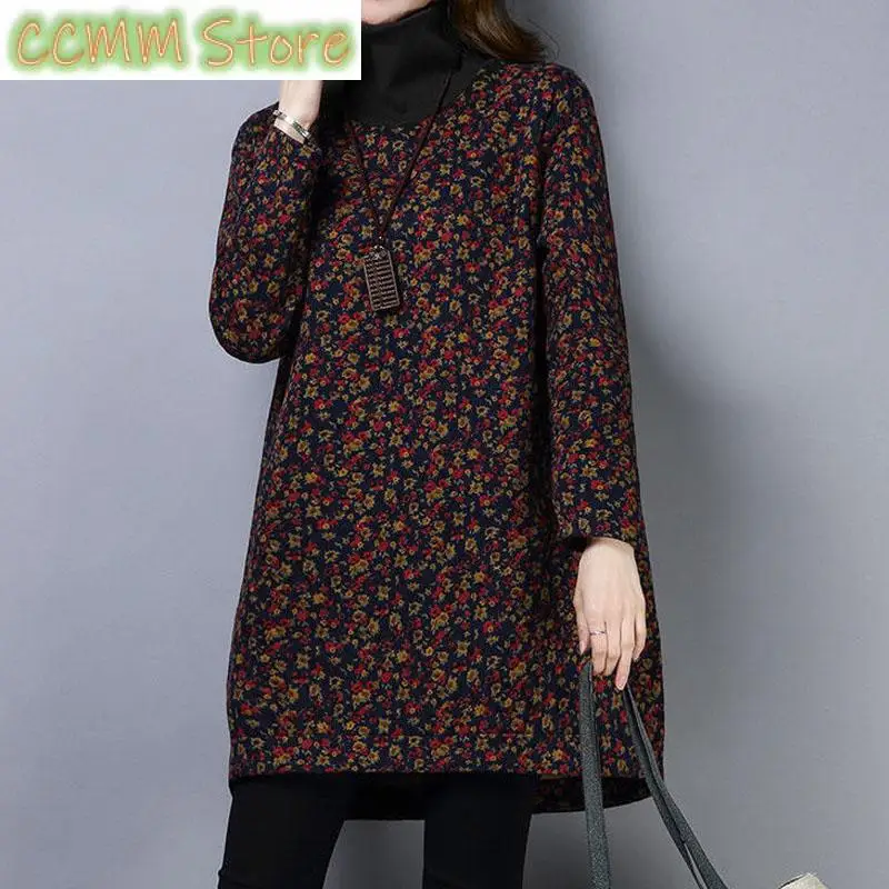 

Autumn Winter Turtleneck Vintage Printed Thick T-shirt Women Clothing Fashion Long Sleeve Loose Midi Tops Pullovers Female