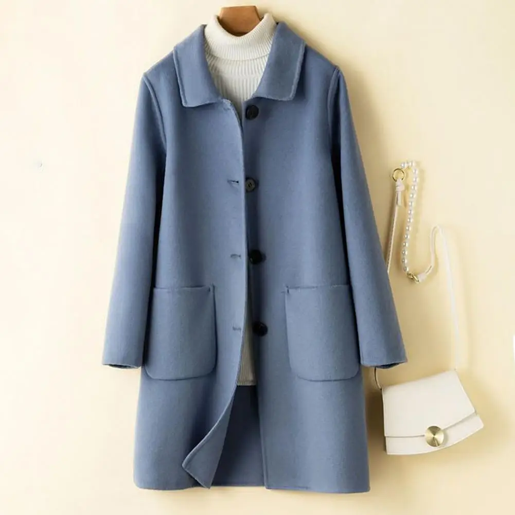 

Lapel Long Sleeves Pockets Thickened Warm Women Coat Autumn Winter Buttons Placket Solid Double-sided Woolen Outerwear Jacket