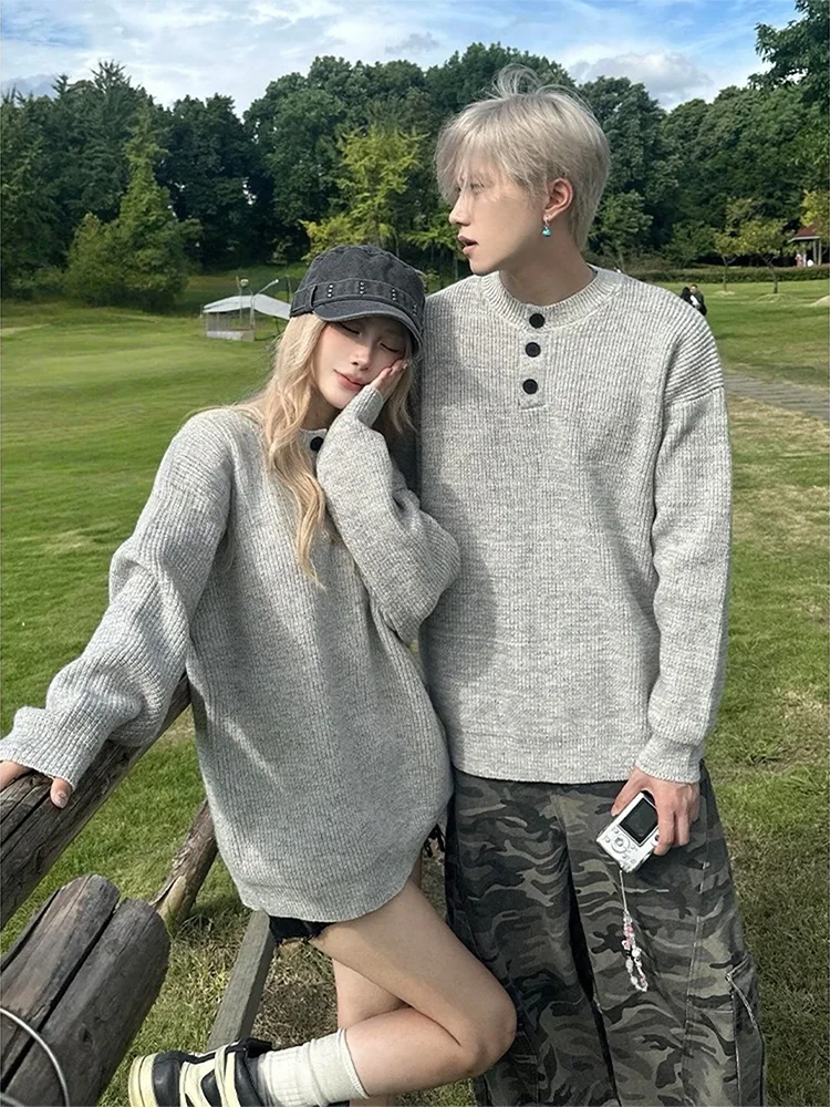 

Cleanfit Light ey Henry Collar Sweater Men Women Autumn Loose Casual Knitted Outerwear Couple's Soft Waed Long Sve