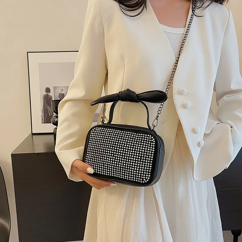 Women's One Shoulder Handbag Crossbody Small Square Bag New Fashion Versatile Water Diamond Casual Cute Bow Chain