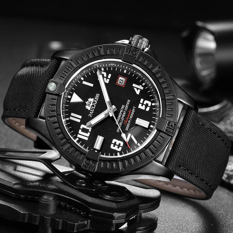 Automatic Mechanical Self Wind Black Bird Canvas Style Genuine Leather Date Luminous Fashion Men Watch