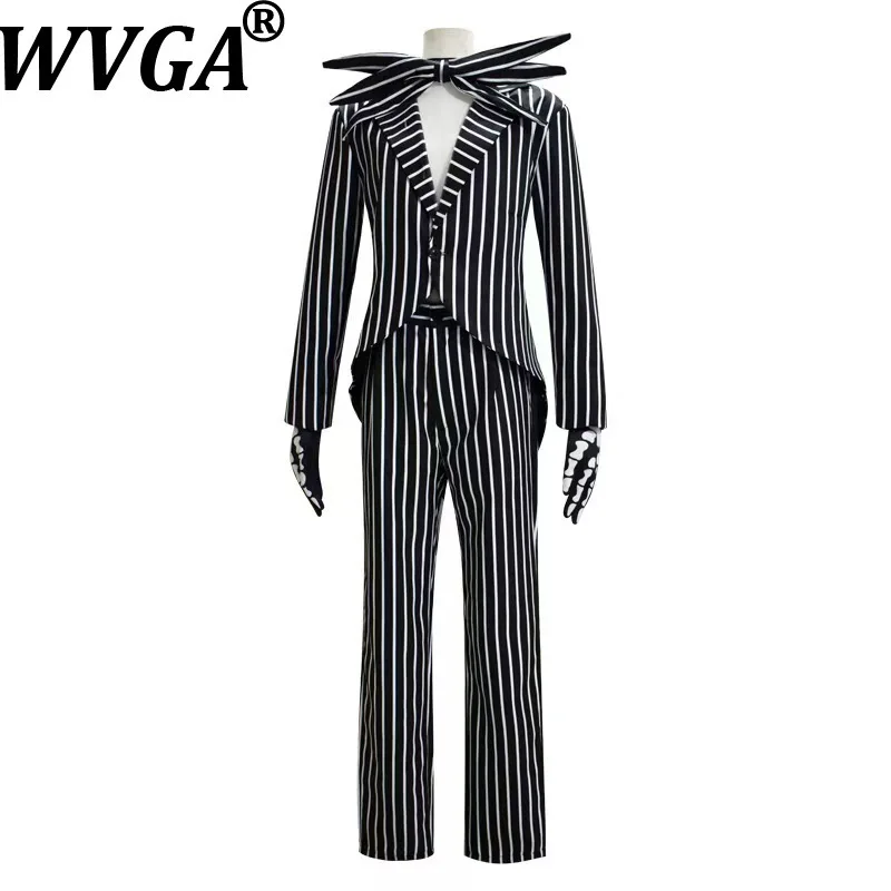 

WVGA Autumn Winter New Man Halloween Trendy Striped Blazers Niche Chic Casual Punk Tie Gloves Straight Suit Pants Set Ins W14177