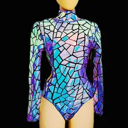 Purple Silver Mirrors Bodysuit Cutout Gogo Costume Women Dancer Team Dance Leotard Nightclub Party Sexy Performance Stage Wear