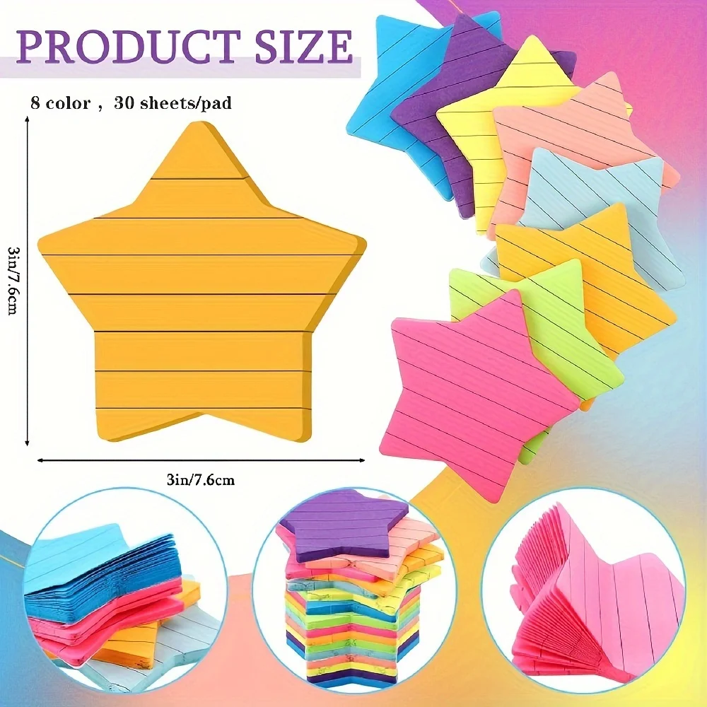 8 Pcs Star Shape Lined Sticky Notes 6 Color Bright Colorful Sticky Pad 30 Sheets/Pad Self-Sticky Note Pads