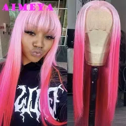AIMEYA Long Straight Ombre Pink Wig Fashion Silky Synthetic Lace Front Wig Halloween Cosplay Makeup Heat Resistant Fiber Hair