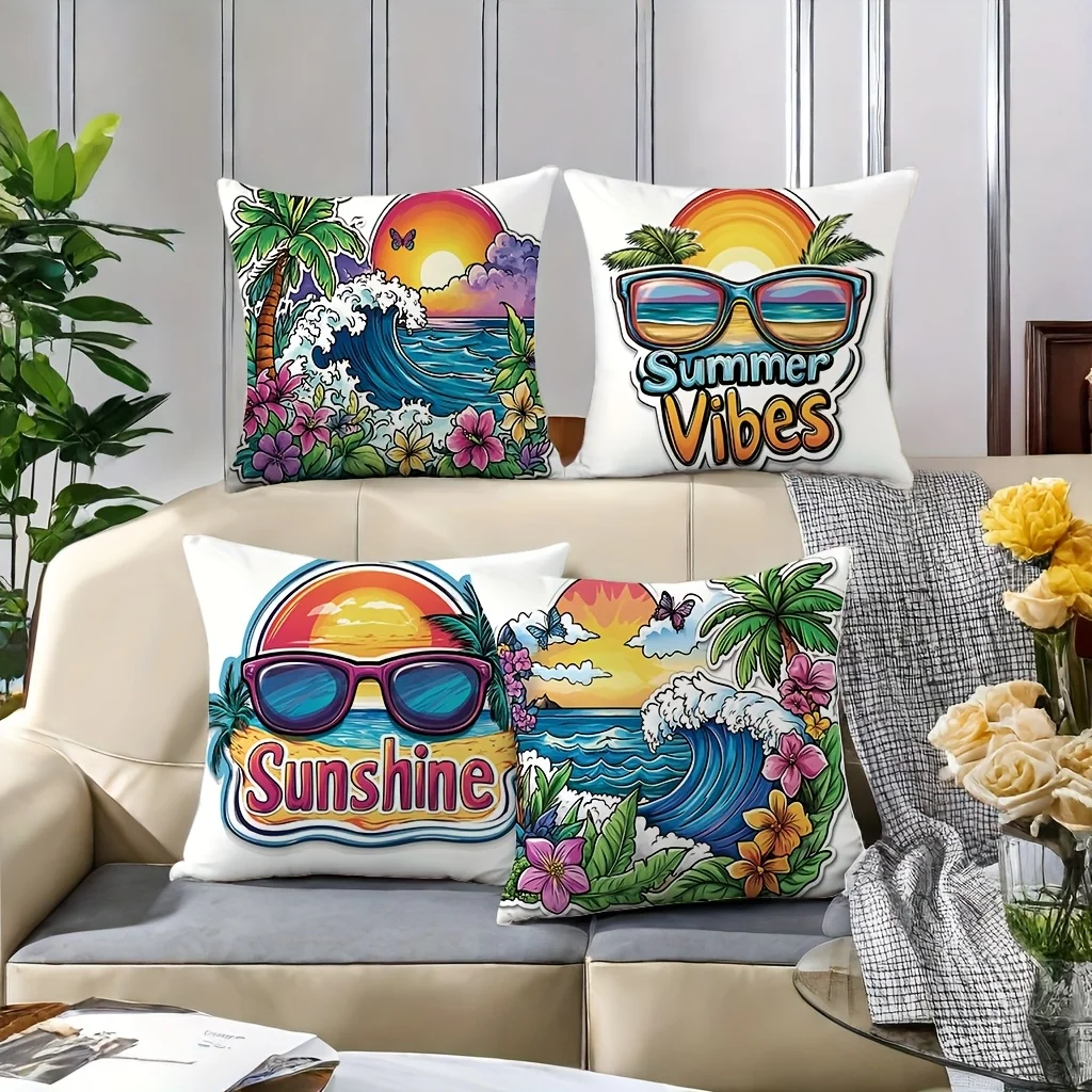 4pcs Sunset Beach Glasses Single-sided printing Short plush Suitable for living rooms bedrooms sofas (excluding pillow cores)