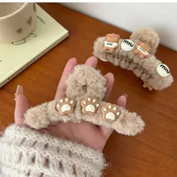 Soft Cartoon Hair Claw Faux Fur Hair Clip Bear Plush Shark Clip Hair Accessories Ponytail Holder Large Hair Crab Clip Female