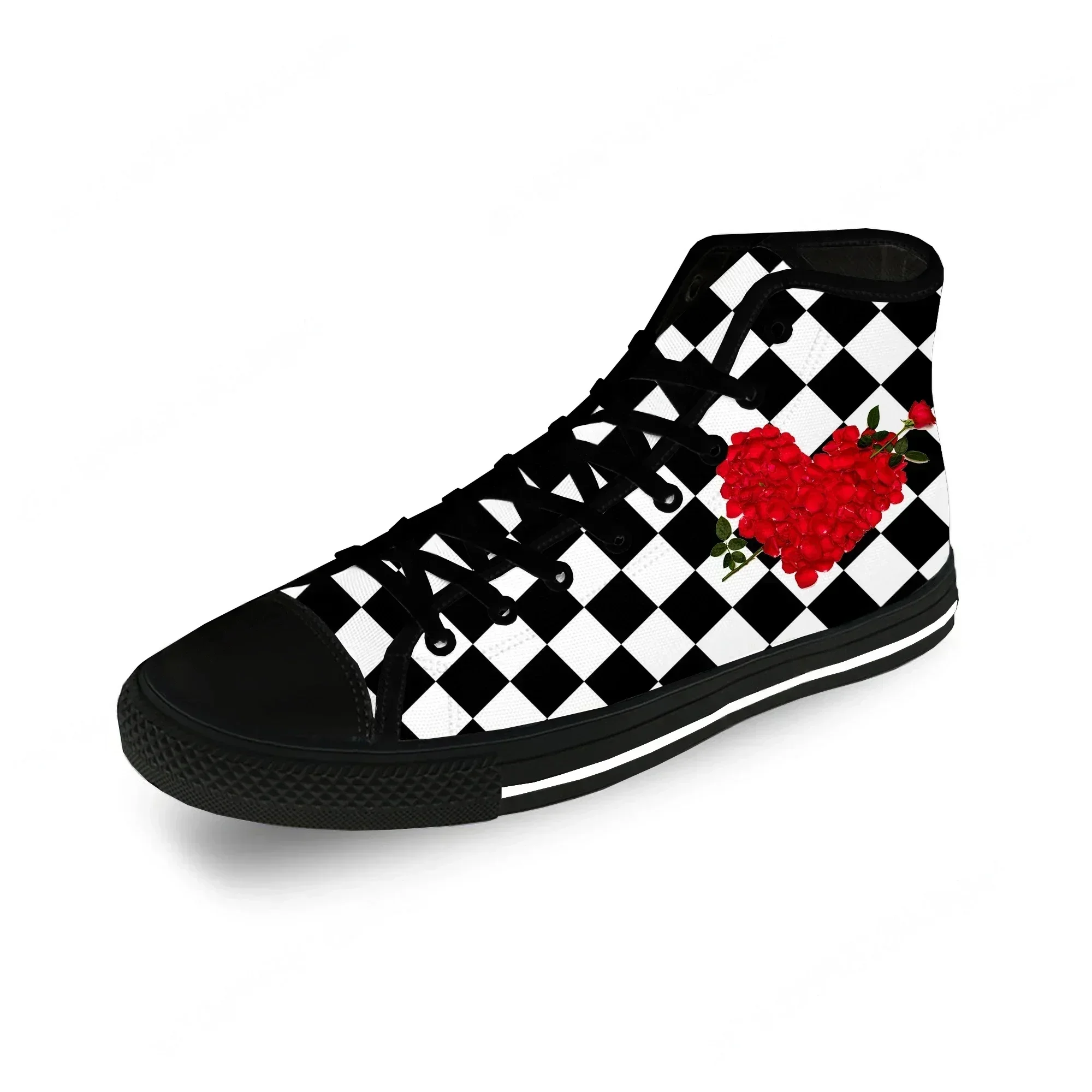 Black And White Square Rose Flower Casual Cloth Fashion 3D Print High Top Canvas Shoes Men Women Lightweight Breathable Sneakers