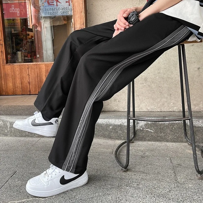 

Vintage Straight Leg Men's Pants Spring Autumn Trendy Side Stripe Color Blo Drapey Wide Leg Casual Trousers Faionable You...