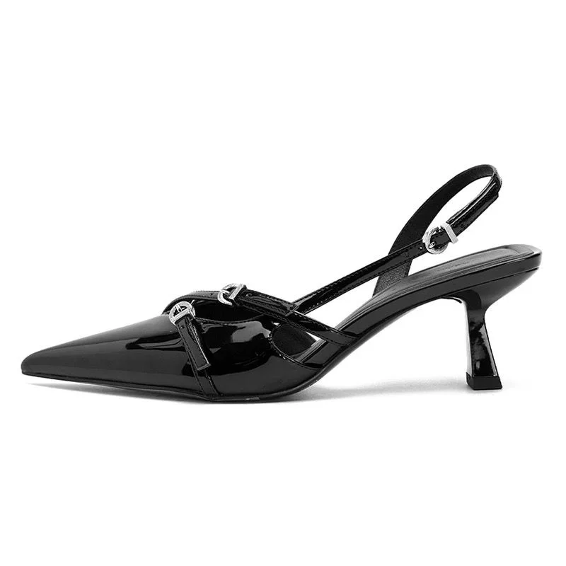 2024 New Summer French Wine Red Pointed Patent Leather Mid-heel Overhead Sandals for Women Retro Skinny Heel Back Empty Shoes