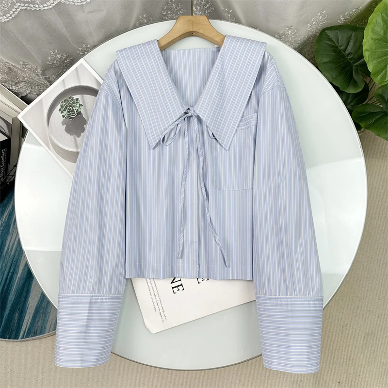 

Cotton Blue Striped Doll Collar Belted Long Sleeve Loose Casual Shirt Women Anti-Aging Spring 2025 Fashion Ladies' Blouse