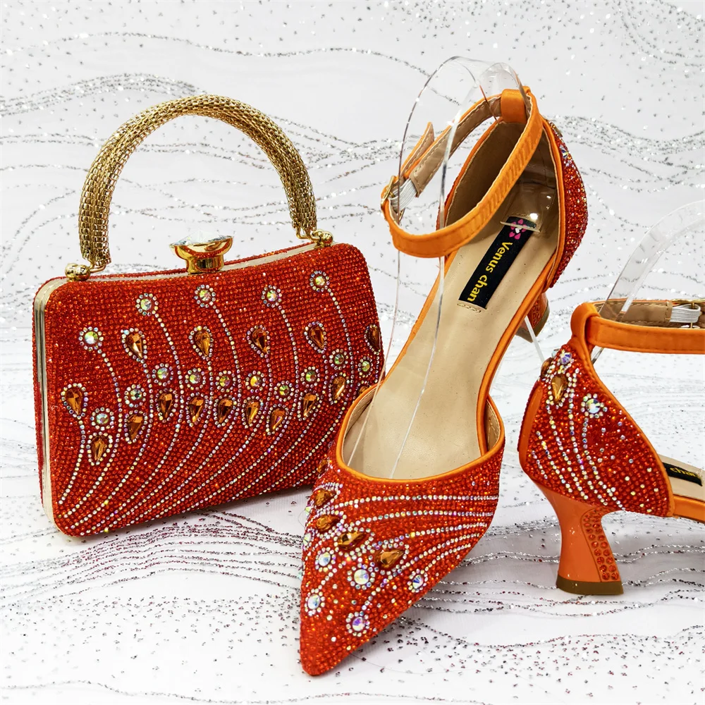 

New Arrival Mature Style Platform Design Rhinestone Decoration Tip Toe Lady Shoes and Bag Set for Party Wedding