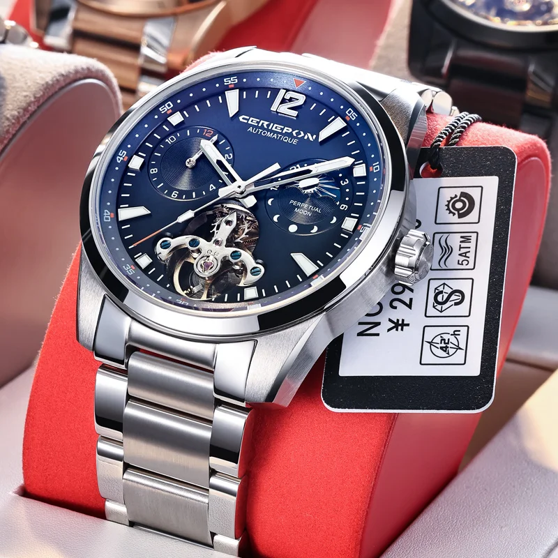 CERIEPON Men's Mechanical Automatic Business Multi-function Watch Luminescent 5ATM Waterproof Sapphier Glass Perfect Gift