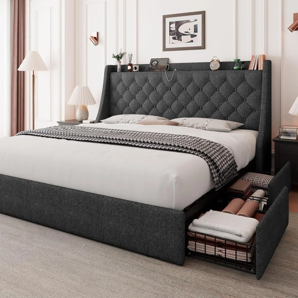 

Twin Size Bed Frame W/4 Storage Drawers, Upholster Storage Bed W/Charging Station, Tufted Wingback Headboard, No Box Spring Need