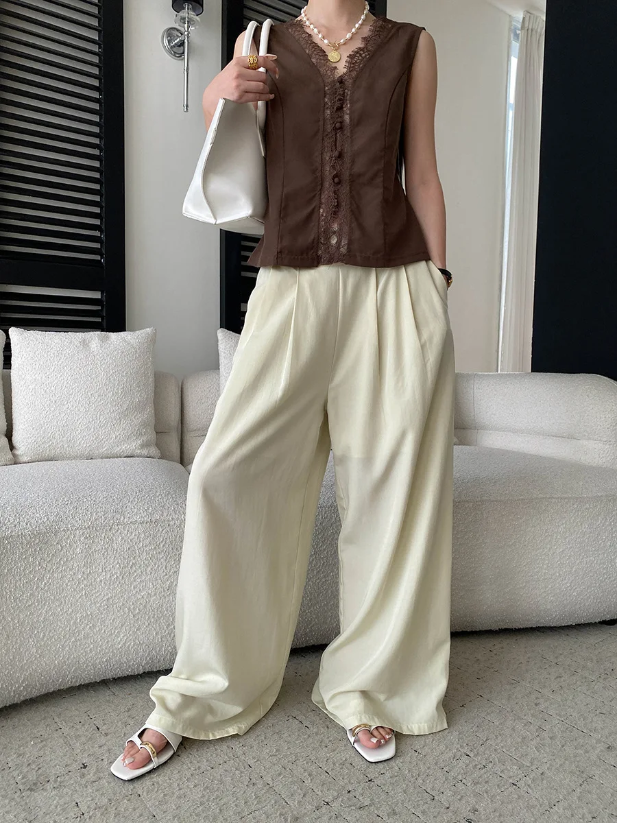 Sommerliche Damen-Freizeithose in Uni-Farbe, halb elastisch, hoher Bund, locker geschnitten, weites Bein – Detail 28