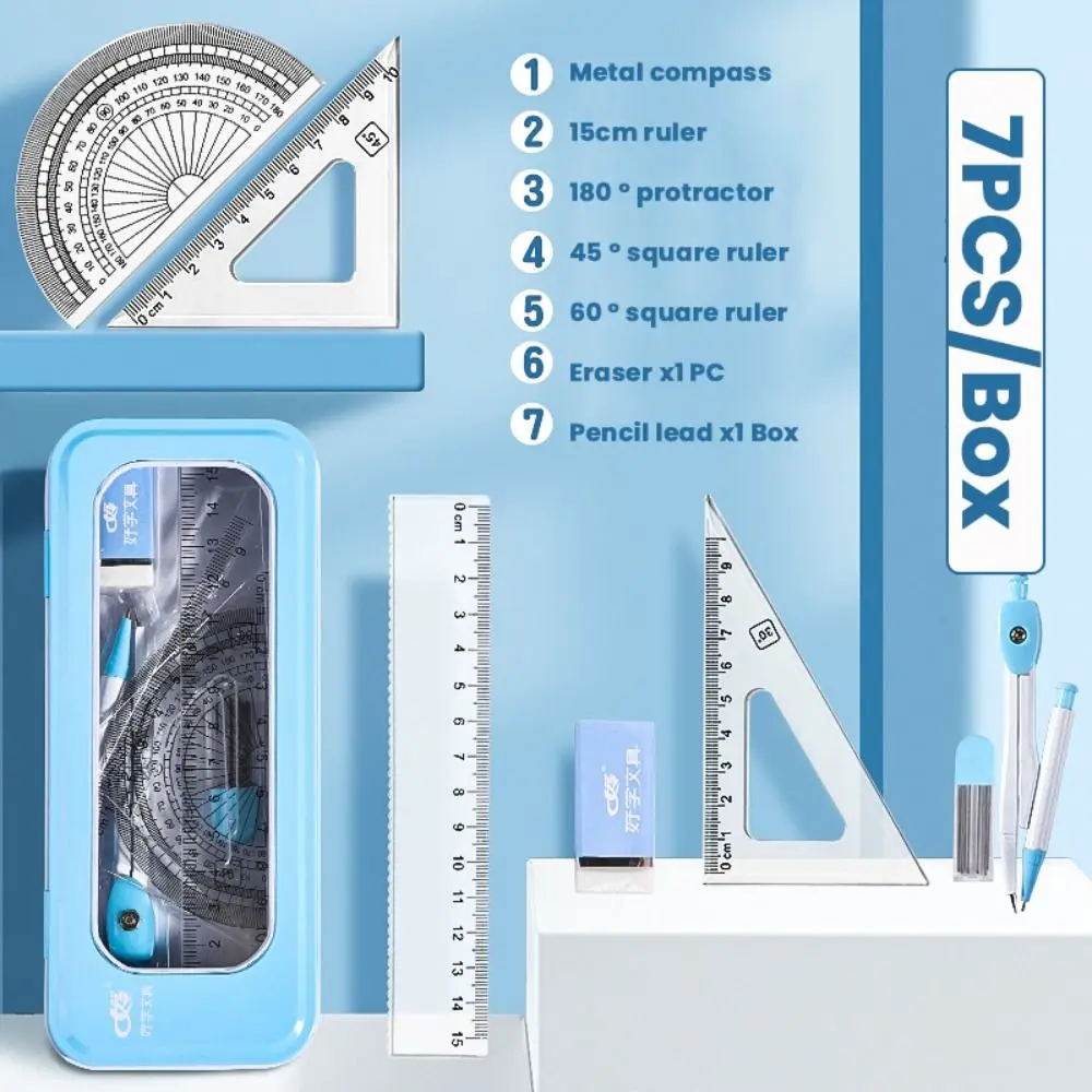 7PCS/Set Multi-Function Plastic Ruler Set Eraser Straight Ruler Protractor Transparent Set Square Measuring Ruler School Office