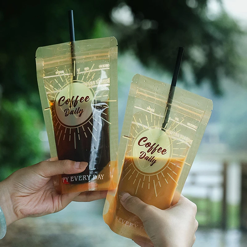 10PCS 350ml Plastic Liquid Bag Juice Coffee Drinks Kitchen Vertical Seal Pouches Frosted Disposable Reclosable For Party