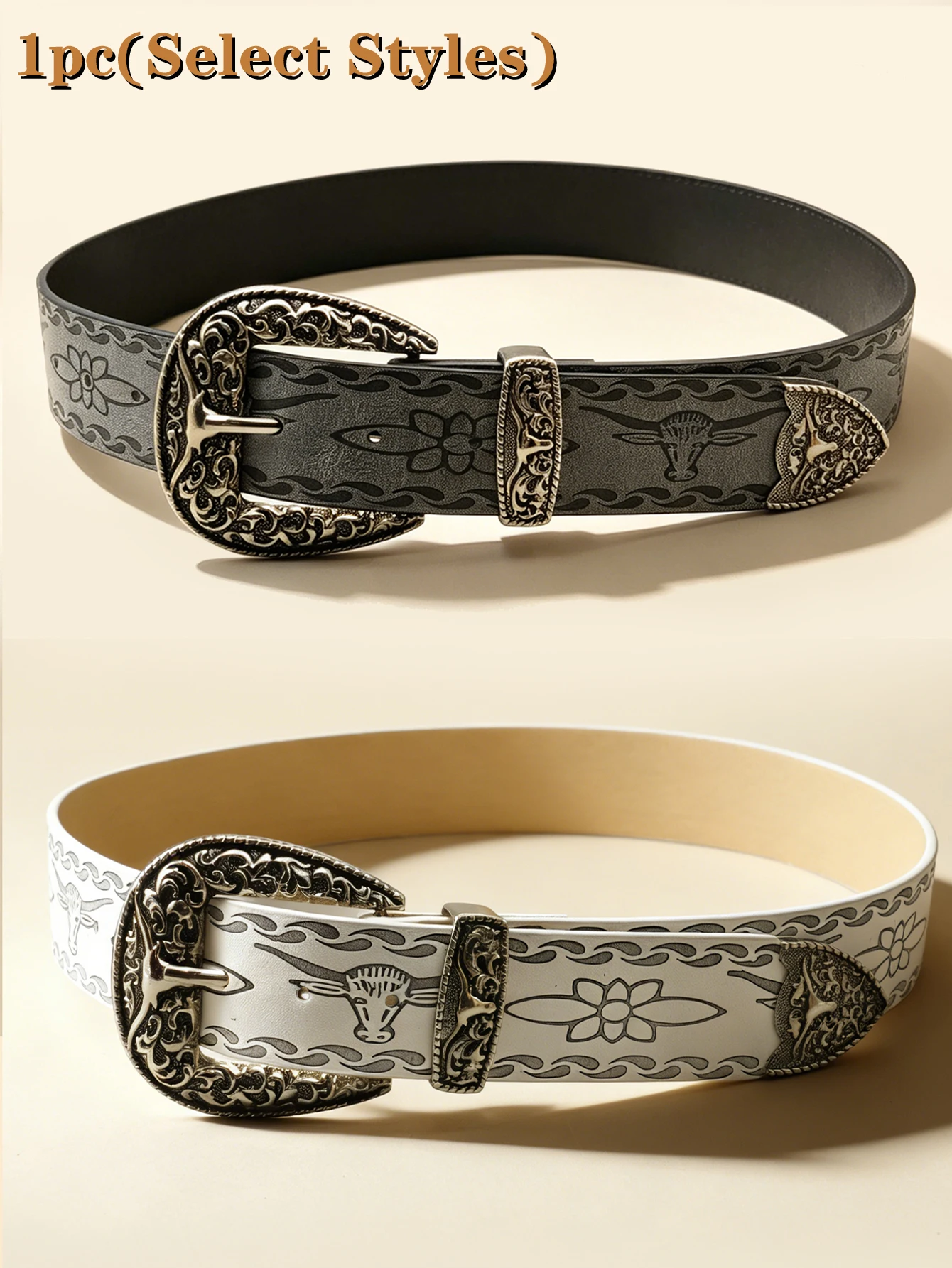 Cinturón Estilo Occidental con Grabado de Cabeza de Toro, Hebilla Plateada Vintage con Acabado Desgastado, Cinturón Vaquero Unisex