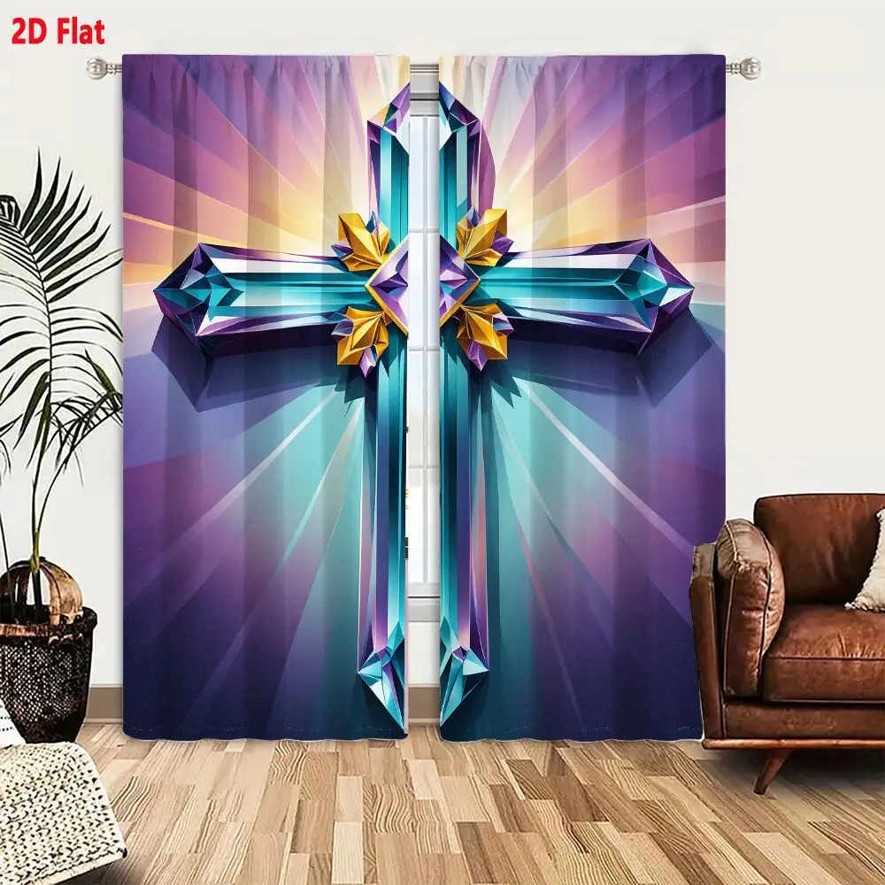 2Pcs Curtains 2D Flat Artistic Digital Cross With Gemstone Elements Radiant Background In Purple Blue Yellow Window Drapes for B