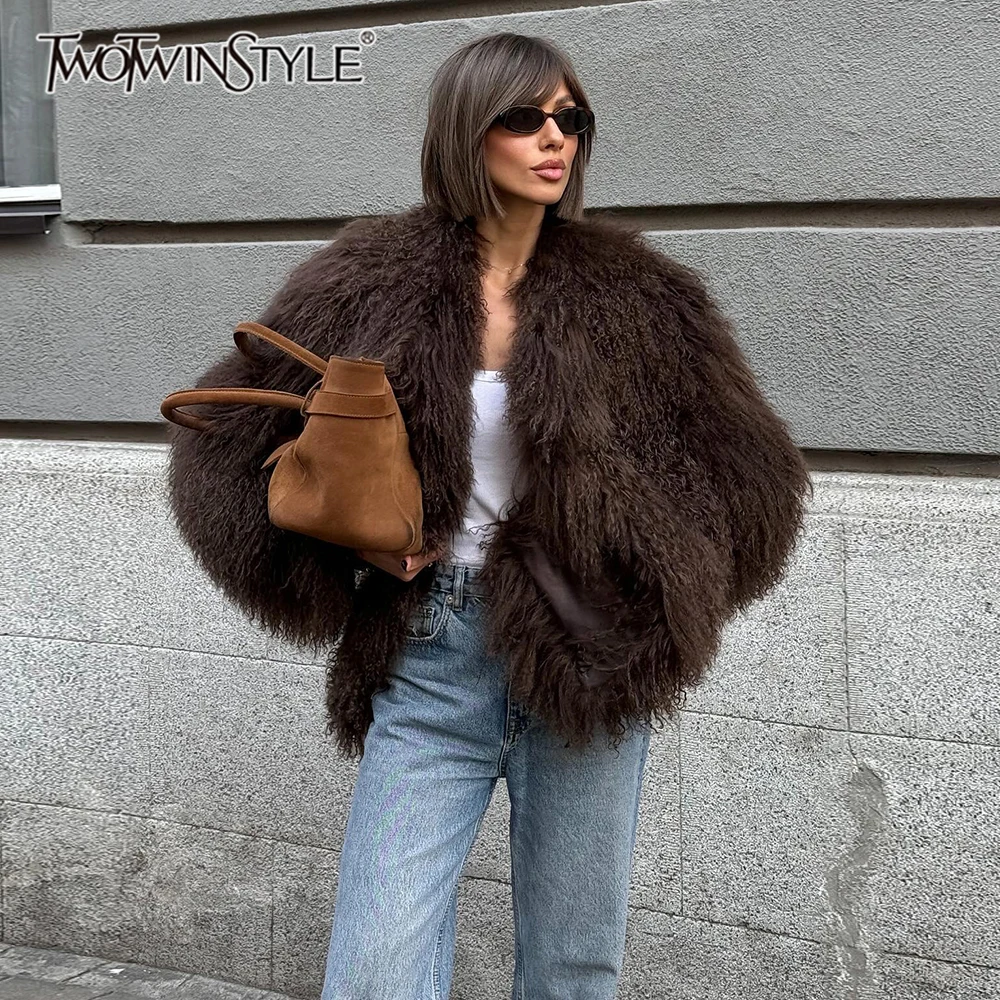 

TWOTWINSTYLE Solid Slimming Spliced Plush Fashion Jackets for Women Round Neck Long Sleeves Elegant Jacket Female Clothing New