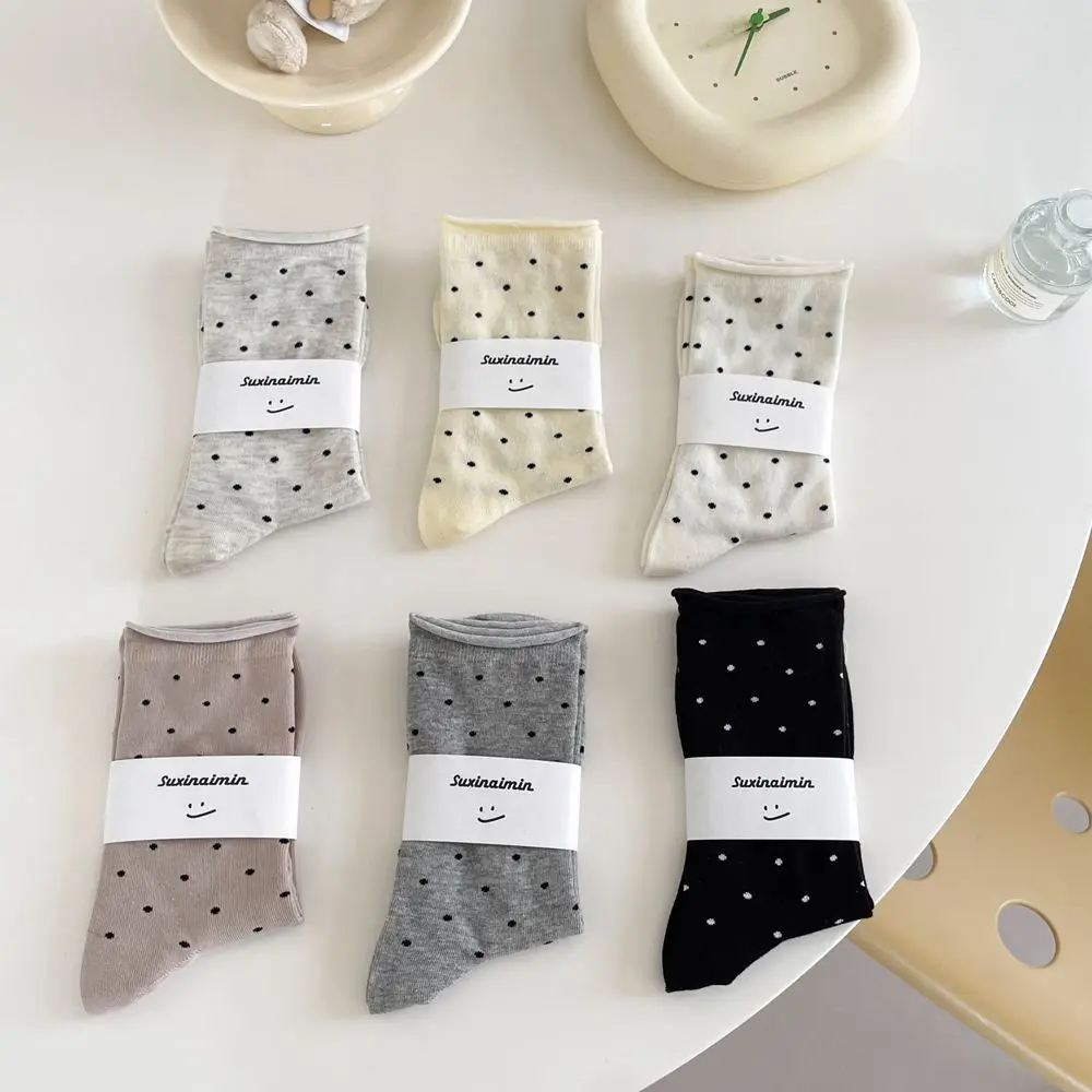 Women's spring summer thin vintage cream curled-edge women's socks polka dot mid-tube socks artistic socks women