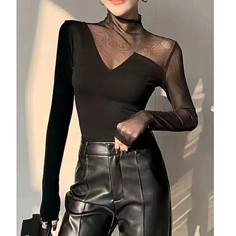 

Black,Korean,Style,Fall,Winter,T-shirt,Chic,Sexy,Mock Neck,Patchwork,Hollow Out,Mesh,Women,Tops,Long Sleeve,Tees,2024,New,410240