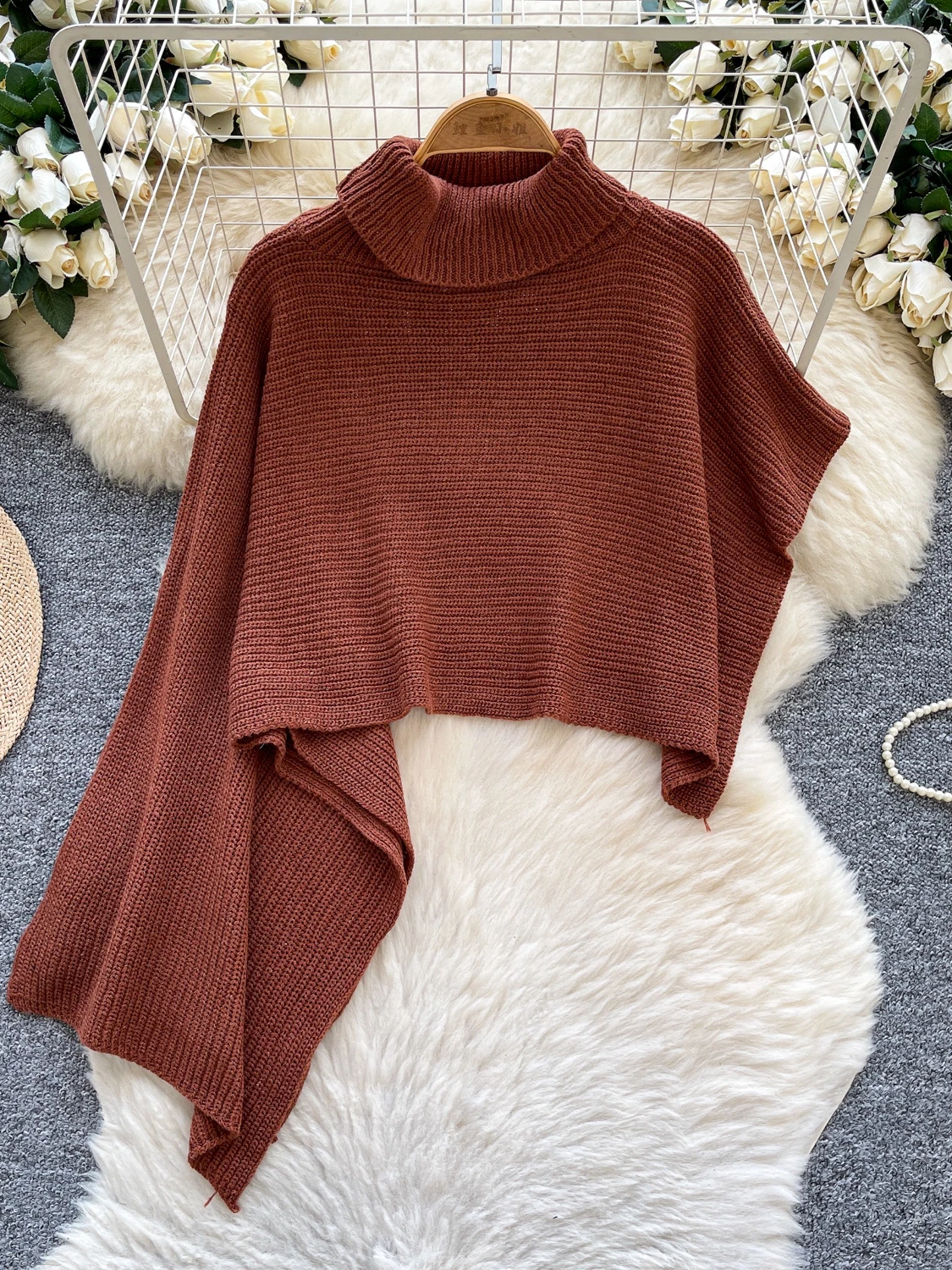 

Trendy Thiened Loose High Collar oulder awl Cowl Ne Cloak Asymmetric Winter Outerwear Sweater Commute Sle Pure Color