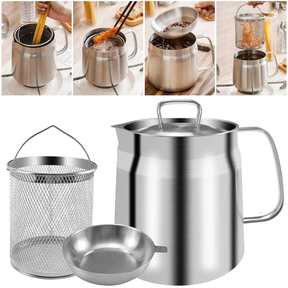 

Deep Fryer Pot 2L 304 Stainless Steel Frying Pot with Basket Oil Strainer Heat Resistant Kitchen Fryer for Home Cooking